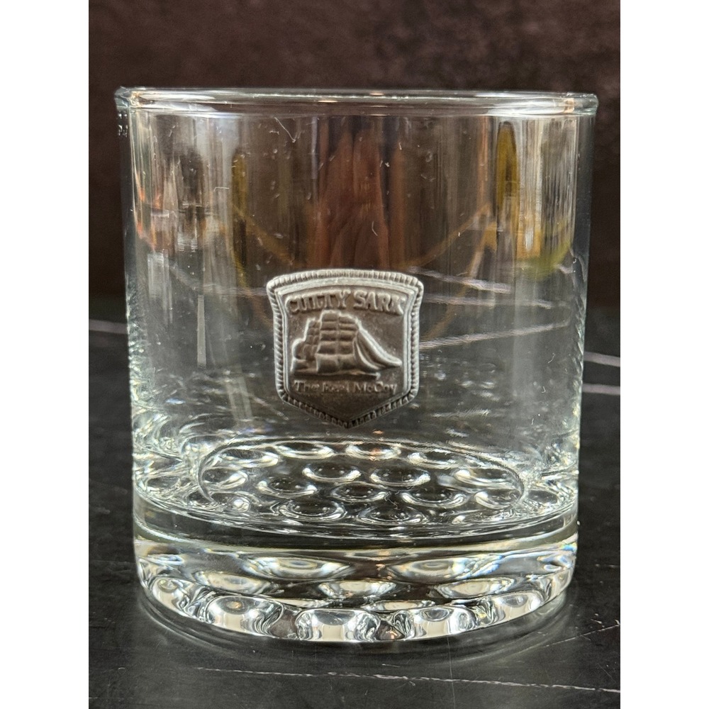 VTG Cutty Sark Whiskey Rocks Lowball Pewter Emblem Glass 3 3/8in Tall MINT!